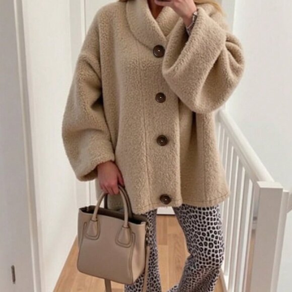 Jackets & Blazers - Khaki Casual Women's Elegant French Style Loose Apricot Faux Lamb Lapel Coat